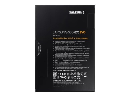 Samsung  |  SSD  |  870 EVO  |  250 GB  |  SSD formas faktors 2.5"  |  Cietā diska interfeiss SATA III  |  Lasīšanas ātrums 560 MB / s  |  Rakstīšanas ātrums 530 MB / s