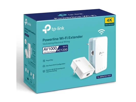 TP-LINK  |  Gigabit Powerline Kit  |  TL-WPA7517  |  10 / 100 / 1000 Mbit / s  |  Ethernet LAN (RJ-45) ports 1+1  |  802.11ac  |  2GHz / 5GHz  |  Wi-Fi data rate (max) 300+433 Mbit / s