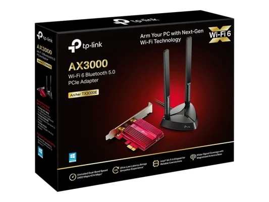 TP-LINK  |  AX3000 Wi-Fi 6 Bluetooth 5.0 PCIe Adapter  |  TX3000E  |  2.4GHz / 5GHz  |  Antenna type 2xHigh-Gain External Antennas  |  574+2402 Mbit / s