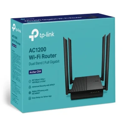 AC1200 Wireless MU-MIMO Wi-Fi Router  |  Archer C64  |  802.11ac  |  867+400 Mbit / s  |  Ethernet LAN (RJ-45) ports 4  |  Mesh Support No  |  MU-MiMO Yes  |  No mobile broadband  |  Antenna type 4 x Fixed