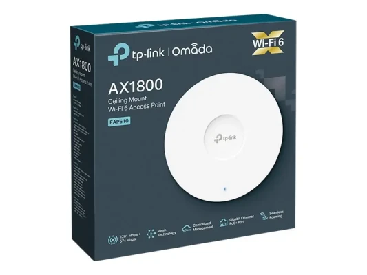 TP-LINK  |  AX1800 Indoor WiFi 6 Access Point  |  EAP610  |  802.11ax  |  2.4 GHz / 5 GHz  |  1201 Mbit / s  |  N / A Mbit / s  |  Ethernet LAN (RJ-45) ports 1  |  MU-MiMO Yes  |  PoE in  |  Antenna type Internal Omni
