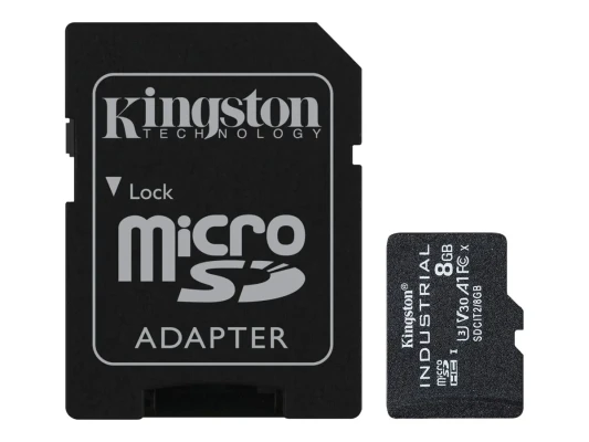 Kingston  |  UHS-I  |  8 GB  |  microSDHC / SDXC Industrial Card  |  Flash memory class Class 10, UHS-I, U3, V30, A1  |  SD Adapter
