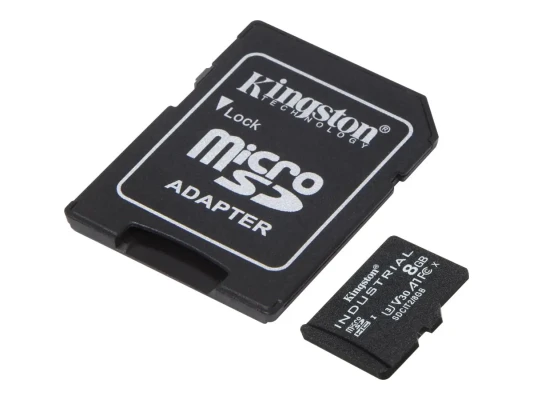 Kingston  |  UHS-I  |  8 GB  |  microSDHC / SDXC Industrial Card  |  Flash memory class Class 10, UHS-I, U3, V30, A1  |  SD Adapter