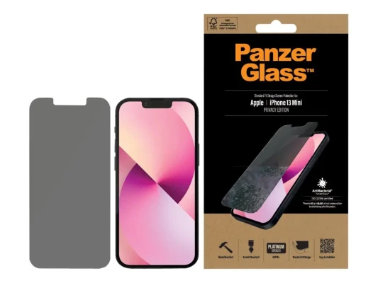 PanzerGlass  |  Apple  |  iPhone 13 Mini  |  Tempered glass  |  Black  |  Crystal clear; Resistant to scratches and bacteria; Shock absorbing; Easy to install  |  Privacy Screen Protector
