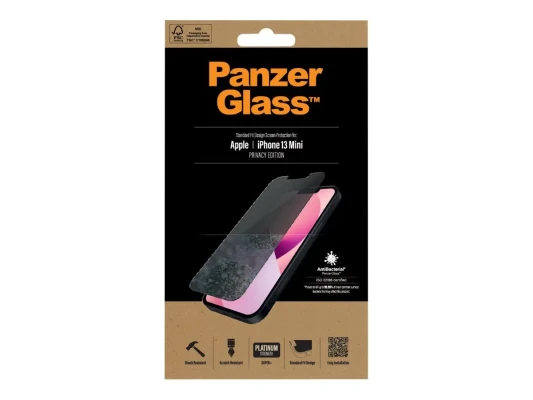 PanzerGlass  |  Apple  |  iPhone 13 Mini  |  Tempered glass  |  Black  |  Crystal clear; Resistant to scratches and bacteria; Shock absorbing; Easy to install  |  Privacy Screen Protector