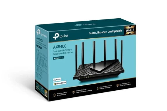 TP-Link Archer AX72 V1 Router  |  AX5400  |  Wi-Fi 6  |  2.4 GHz, 5 GHz  |  Gigabit Ethernet  |  5× RJ-45  |  USB  |  OneMesh