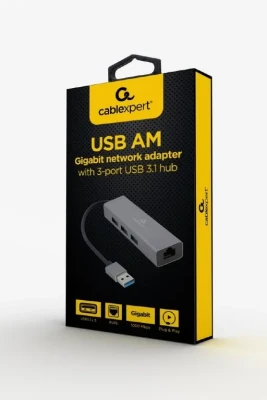 Cablexpert  |  USB AM Gigabit network adapter with 3-port USB 3.0 hub  |  A-AMU3-LAN-01