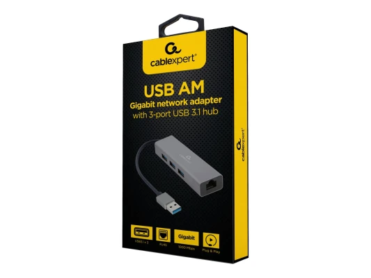 Cablexpert  |  USB AM Gigabit network adapter with 3-port USB 3.0 hub  |  A-AMU3-LAN-01