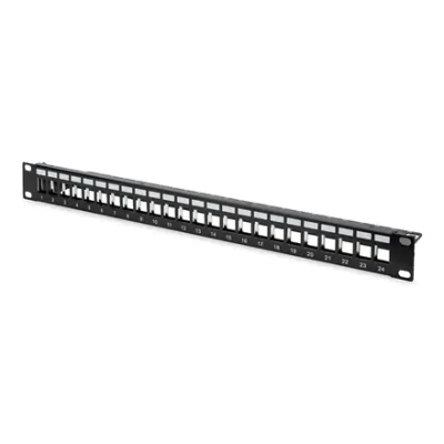 Digitus  |  Modular Patch Panel  |  DN-91411  |  Black  |  Layout Keystone Entry: Straight; Area of application: 483 mm (19") cabinet; Suitable for 483 mm (19") cabinet mounting; Housing material: 1.5 mm SPCC cold rolled stell sheet, powder-coated; Ports: