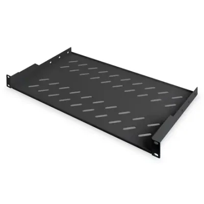 Digitus  |  Fiksētā plaukts statīviem  |  DN-19 TRAY-1-SW  |  Melns  |  Fiksētās montāžas plaukti var viegli uzstādīt uz diviem priekšējiem 483 mm (19“) profila dzelžiem jūsu 483 mm (19“) tīkla vai servera skapī. To stabilā, perforētā tērauda ar 