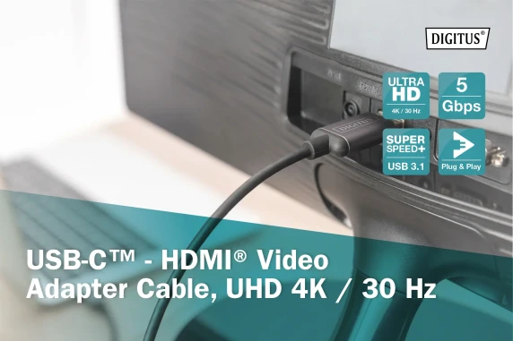 Digitus  |  USB Type-C to HDMI Adapter  |  DA-70821  |  Black  |  USB Type-C  |  1.8 m