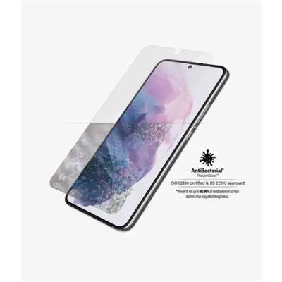 PanzerGlass  |  Samsung  |  Galaxy S22  |  Tempered glass  |  Transparent  |  Case friendly. Compatible with ultrasonic fingerprint sensor. 100 % touch sensitivity. Antibacterial (ISO 22196 certified & JIS 22810 approved)  |  Screen Protector