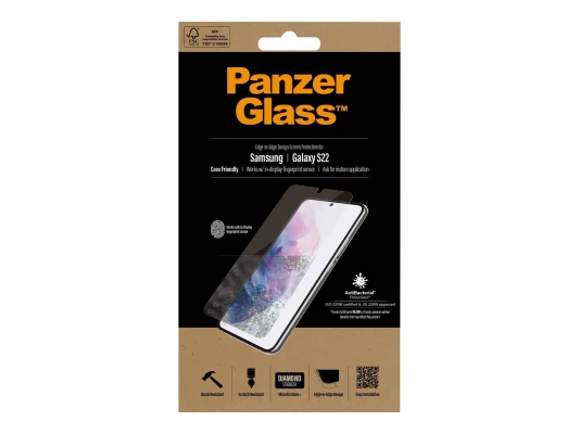 PanzerGlass  |  Samsung  |  Galaxy S22  |  Tempered glass  |  Transparent  |  Case friendly. Compatible with ultrasonic fingerprint sensor. 100 % touch sensitivity. Antibacterial (ISO 22196 certified & JIS 22810 approved)  |  Screen Protector