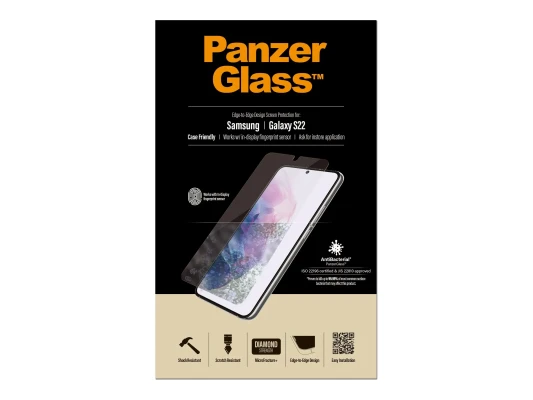 PanzerGlass  |  Samsung  |  Galaxy S22  |  Tempered glass  |  Transparent  |  Case friendly. Compatible with ultrasonic fingerprint sensor. 100 % touch sensitivity. Antibacterial (ISO 22196 certified & JIS 22810 approved)  |  Screen Protector