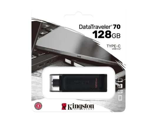 Kingston  |  USB zibatmiņa  |  DataTraveler 70  |  128 GB  |  USB 3.2 Gen 1 Type-C  |  Melns