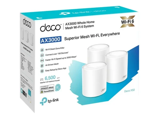 Whole Home Mesh Wi-Fi 6 System  |  Deco X50 (3-pack)  |  802.11ax  |  574+2402 Mbit / s  |  Ethernet LAN (RJ-45) ports 3  |  Mesh Support Yes  |  MU-MiMO Yes  |  No mobile broadband  |  Antenna type Internal