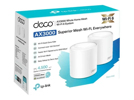 Whole Home Mesh Wi-Fi 6 System  |  Deco X50 (2-pack)  |  802.11ax  |  574+2402 Mbit / s  |  Ethernet LAN (RJ-45) ports 3  |  Mesh Support Yes  |  MU-MiMO Yes  |  No mobile broadband  |  Antenna type Internal