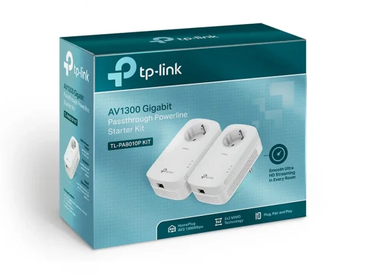 TP-LINK  |  AV1300 Gigabit Passthrough Powerline Starter Kit  |  TL-PA8010P KIT  |  1300 Mbit / s  |  Ethernet LAN (RJ-45) ports 1  |  No Wi-Fi  |  Extra socket