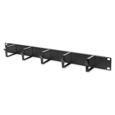Digitus  |  Cable Management Panel  |  DN-97602  |  Black  |  5x cable management ring (HxD: 40x60 mm). The Cable Management Panel is getting fixed on the 483 mm (19“) profile rails. Five cable guiding rings allow an easy, horizontal array of patch cables