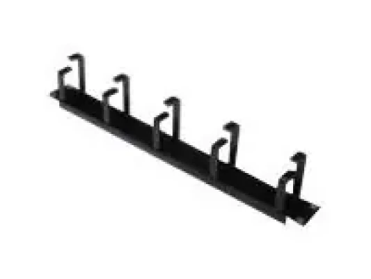 Digitus  |  Cable Management Panel  |  DN-97602  |  Black  |  5x cable management ring (HxD: 40x60 mm). The Cable Management Panel is getting fixed on the 483 mm (19“) profile rails. Five cable guiding rings allow an easy, horizontal array of patch cables