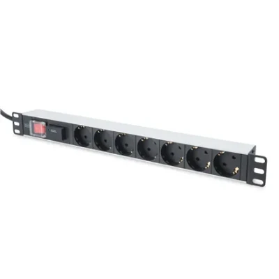 Digitus  |  1U Aluminum PDU, rackmountable, 7x safety outlet 16A Plug, 250VAC 50 / 60Hz, switch, surge protection  |  DN-95407