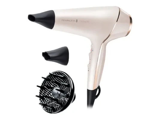Remington  |  Hair dryer  |  ProLuxe AC9140  |  2400 W  |  Number of temperature settings 3  |  Ionic function  |  Diffuser nozzle  |  White / Gold / Black