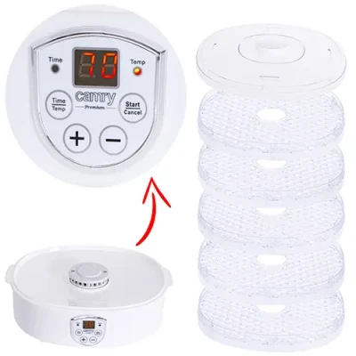 Camry  |  Food Dehydrator  |  CR 6659  |  Power 240 W  |  Number of trays 5  |  Temperature control  |  Integrated timer  |  White