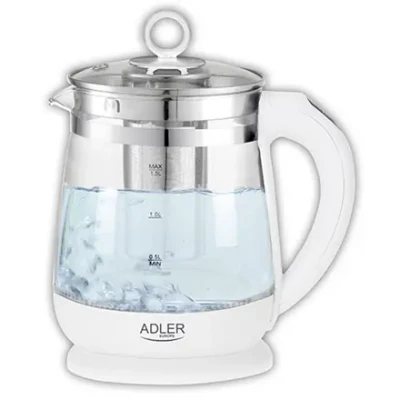 Adler  |  Kettle  |  AD 1299  |  Electric  |  2200 W  |  1.5 L  |  Glass / Stainless steel  |  360° rotational base  |  White
