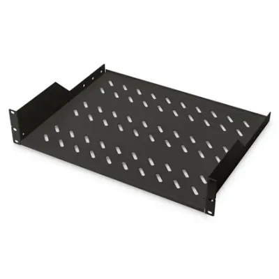Digitus  |  2U Fixed Shelf for Racks  |  DN-19 TRAY-2-SW  |  Black  |  Perfect for storage of components which are not 483 mm (19”) suitable. Slim design which takes space of 2 height units. Easy and quick to mount or dismount. Dimensions 88x482x349 mm, u