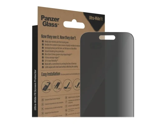 PanzerGlass  |  Ekrāna aizsargstikls  |  Apple  |  iPhone 14 Pro  |  Stikls  |  Melns  |  Ultra plats pielāgojums; Viegla uzstādīšana; Privātuma filtrs; Pirkstu nospiedumu izturīgs  |  Privātums