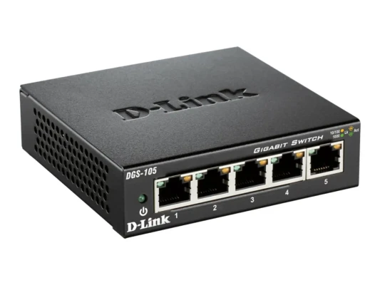 D-Link  |  Ethernet Switch  |  DGS-105 / E  |  Unmanaged  |  Desktop  |  Gigabit Ethernet (copper) ports quantity 5