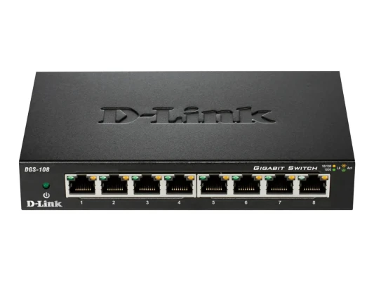 D-Link  |  Switch  |  DGS-108 / E  |  Unmanaged  |  Desktop  |  Gigabit Ethernet (copper) ports quantity 8