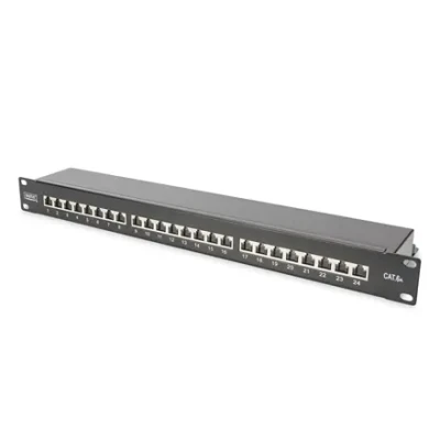 CAT 6A  |  Patch Panel  |  RJ45, 8P8C  |  Suitable for 483 mm (19") cabinet mounting; Transmission properties: Category 6A, Class EA; Area of application: Up to 500 MHz, 10GBase-T; Size:482.6 x 44 x 109mm  |  RJ45 shielding (Tinned bronze)
