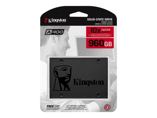 Kingston  |  SSD  |  A400  |  960 GB  |  SSD formāts 2.5"  |  Cietā diska interfeiss SATA Rev 3.0  |  Lasīšanas ātrums 500 MB / s  |  Rakstīšanas ātrums 450 MB / s