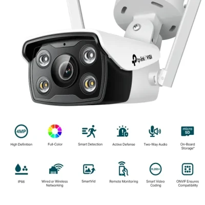 TP-LINK  |  VIGI 4MP Outdoor Full-Color Wi-Fi Network Camera  |  VIGI C340-W  |  Bullet  |  4 MP  |  4 mm  |  IP66  |  H.265+ / H.265 / H.264+ / H.264  |  MicroSD