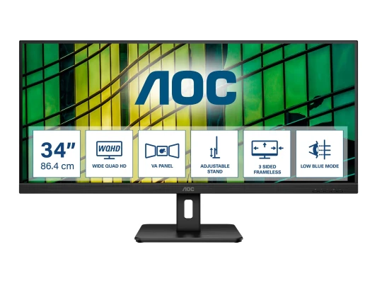 AOC  |  Монитор  |  U34E2M  |  34 "  |  VA  |  WQHD  |  21:9  |  100 Гц  |  4 мс  |  3440 x 1440  |  300 кд / м²  |  Количество HDMI портов 2  |  Черный