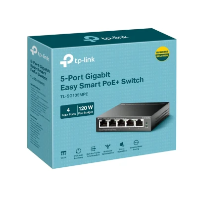 TP-LINK  |  5-Port Gigabit Easy Smart Switch with 4-Port PoE+  |  TL-SG105MPE  |  Managed L2  |  Desktop  |  60 month(s)