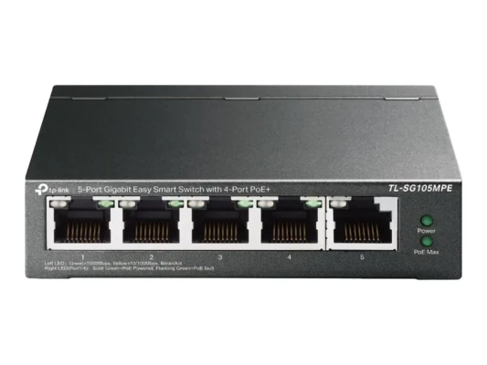 TP-LINK  |  5-Port Gigabit Easy Smart Switch with 4-Port PoE+  |  TL-SG105MPE  |  Managed L2  |  Desktop  |  60 month(s)