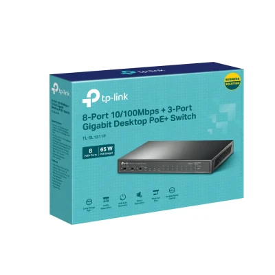 TP-LINK  |  Настольный коммутатор на 8 портов 10 / 100Мбит+3 порта Gigabit с 8 портами PoE+  |  TL-SL1311P  |  Неуправляемый  |  Настольный  |  60 месяц(ев)