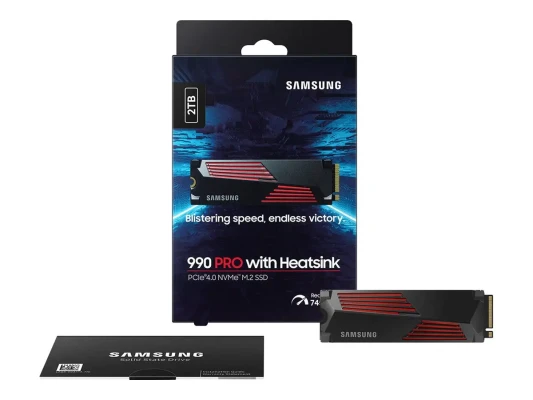 Samsung  |  990 PRO ar siltuma izkliedētāju  |  2000 GB  |  SSD formāts M.2 2280  |  Cietā diska saskarne M.2 NVMe  |  Lasīšanas ātrums 7450 MB / s  |  Rakstīšanas ātrums 6900 MB / s
