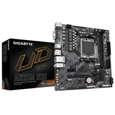 Gigabyte  |  A620M S2H 1.0 M / B  |  Processor family AMD  |  Processor socket AM5  |  DDR5 DIMM  |  Memory slots 2  |  Supported hard disk drive interfaces 	SATA, M.2  |  Number of SATA connectors 4  |  Chipset AMD A620  |  Micro ATX