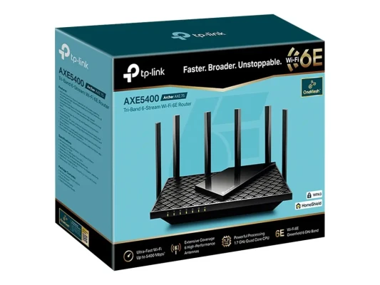 AXE5400 Tri-Band Gigabit Wi-Fi 6E маршрутизатор  |  Archer AXE75  |  802.11ax  |  10 / 100 / 1000 Mbit / s  |  Ethernet LAN (RJ-45) порты 4  |  Поддержка Mesh Да  |  MU-MiMO Нет  |  Мобильный широкополосный доступ Нет  |  Тип антенны Внешняя  |  1