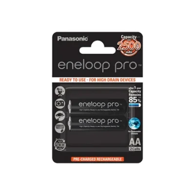 Panasonic atkārtoti uzlādējamās baterijas ENELOOP Pro BK-3HCDE / 2BE, 2500 mAh, 500 (2xAA)  |  Panasonic