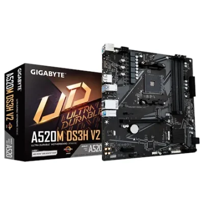 Gigabyte  |  A520M DS3H V2  |  Processor family AMD  |  Processor socket AM4  |  DDR4 DIMM  |  Memory slots 2  |  Number of SATA connectors 4  |  Chipset AMD A520  |  Micro ATX