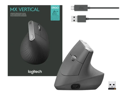 Logitech  |  Ergonomic Mouse  |  MX VERTICAL  |  USB, Bluetooth  |  Graphite  |  Wireless connection