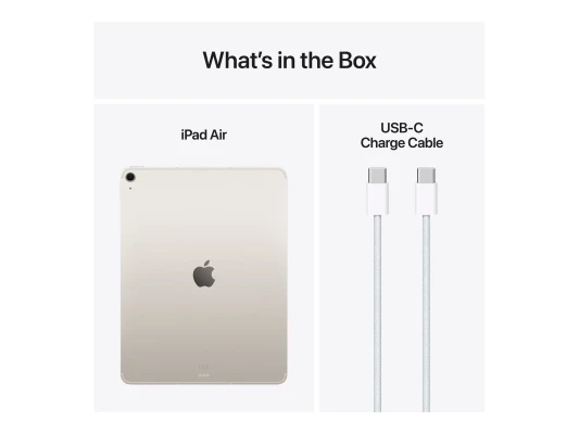 Apple  |  iPad Air Wi-Fi + Cellular  |  13 "  |  Starlight  |  IPS  |  2732 x 2048 pixels  |  Apple M3  |  8 GB  |  512 GB  |  3G  |  4G  |  5G  |  Wi-Fi  |  Front camera  |  12 MP  |  Rear camera  |  12 MP  |  Bluetooth  |  5.3  |  iPadOS  |  USB-C charg