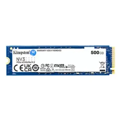 Kingston SSD  |  NV3  |  500 GB  |  SSD form factor M.2 2280  |  Solid-state drive interface PCIe NVMe Gen 4.0 (x4)  |  Read speed 5000 MB / s  |  Write speed 3000 MB / s
