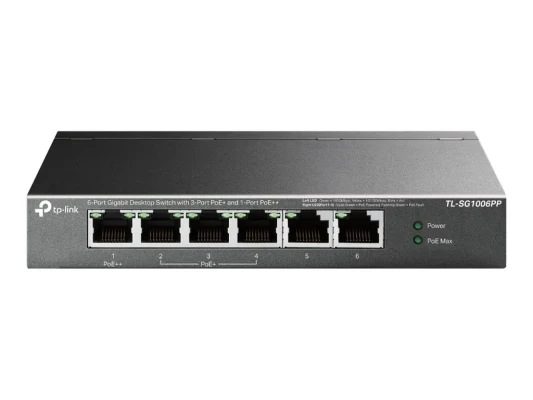 TP-LINK  |  6-Port Gigabit Switch with 3-Port PoE+ and 1-Port PoE++  |  TL-SG1006PP  |  Unmanaged  |  Desktop
