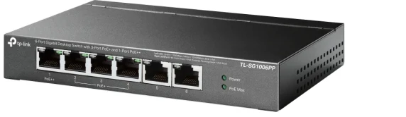 TP-LINK  |  6-Port Gigabit Switch with 3-Port PoE+ and 1-Port PoE++  |  TL-SG1006PP  |  Unmanaged  |  Desktop