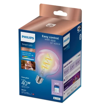 Philips Smart WiFi Filament Clear G95 RGB  |  E27  |  6.3W  |  Full colour